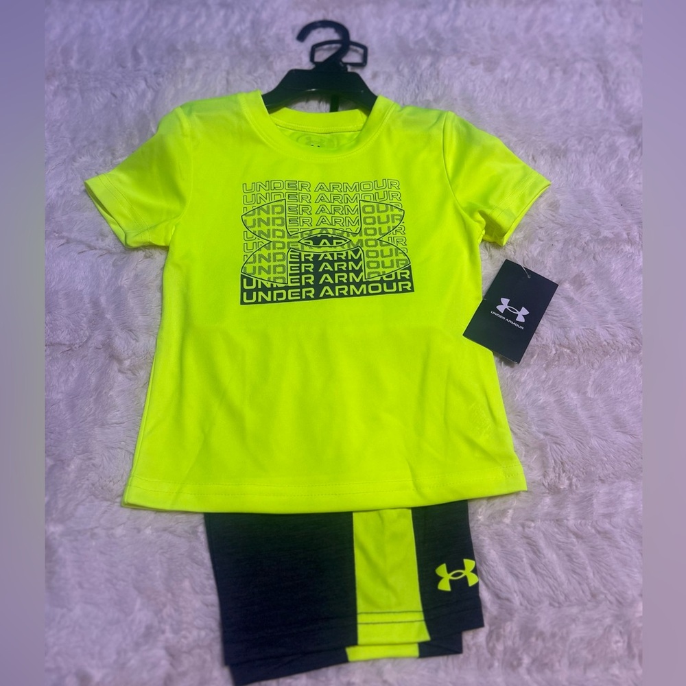 NWT Under Armour Boys Neon Yellow Graphic T-Shirt & Shorts Set | Size 2T